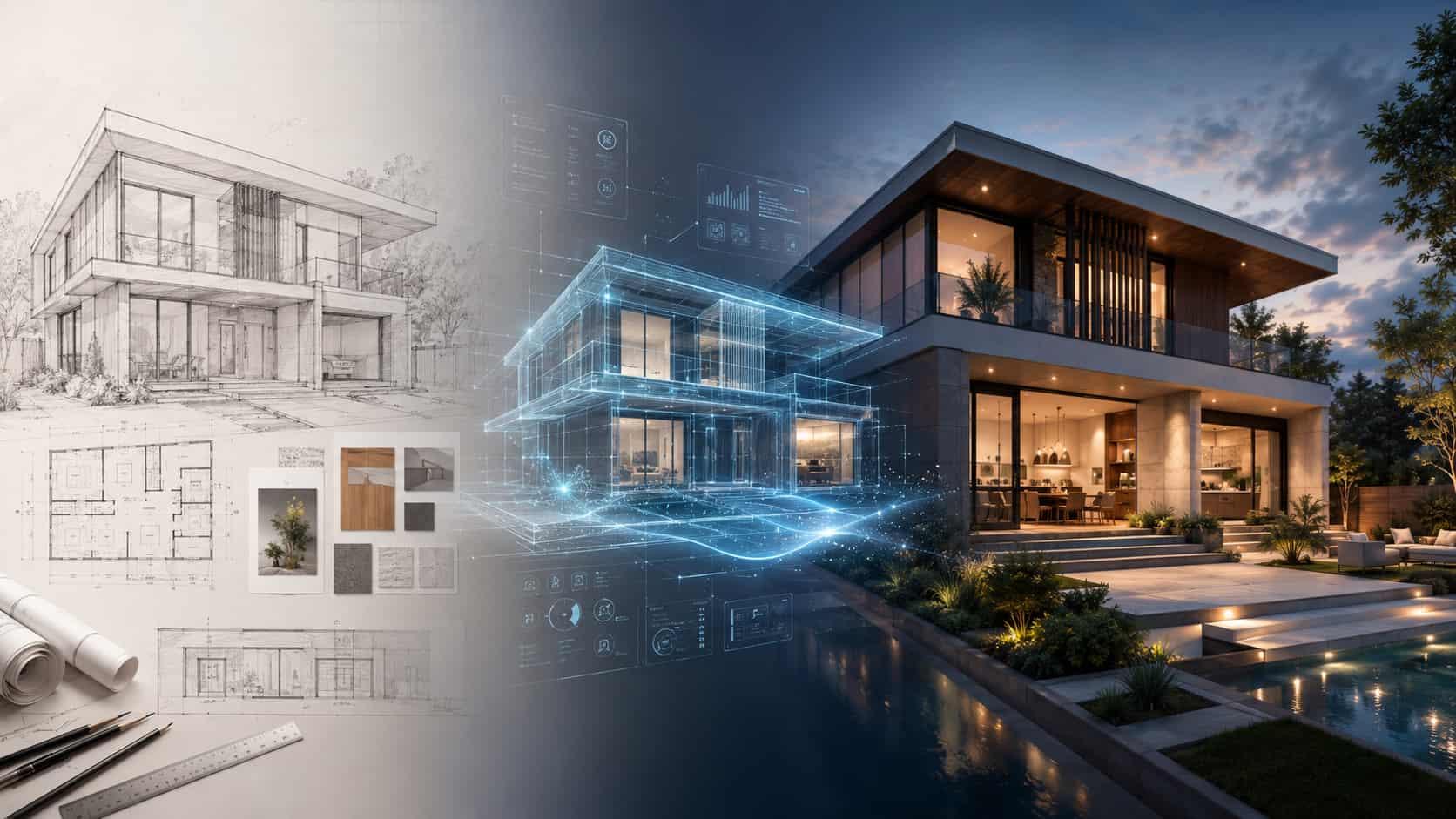 AI home design visualization concept showing architectural sketches transforming into a realistic modern house render through digital design technology.
